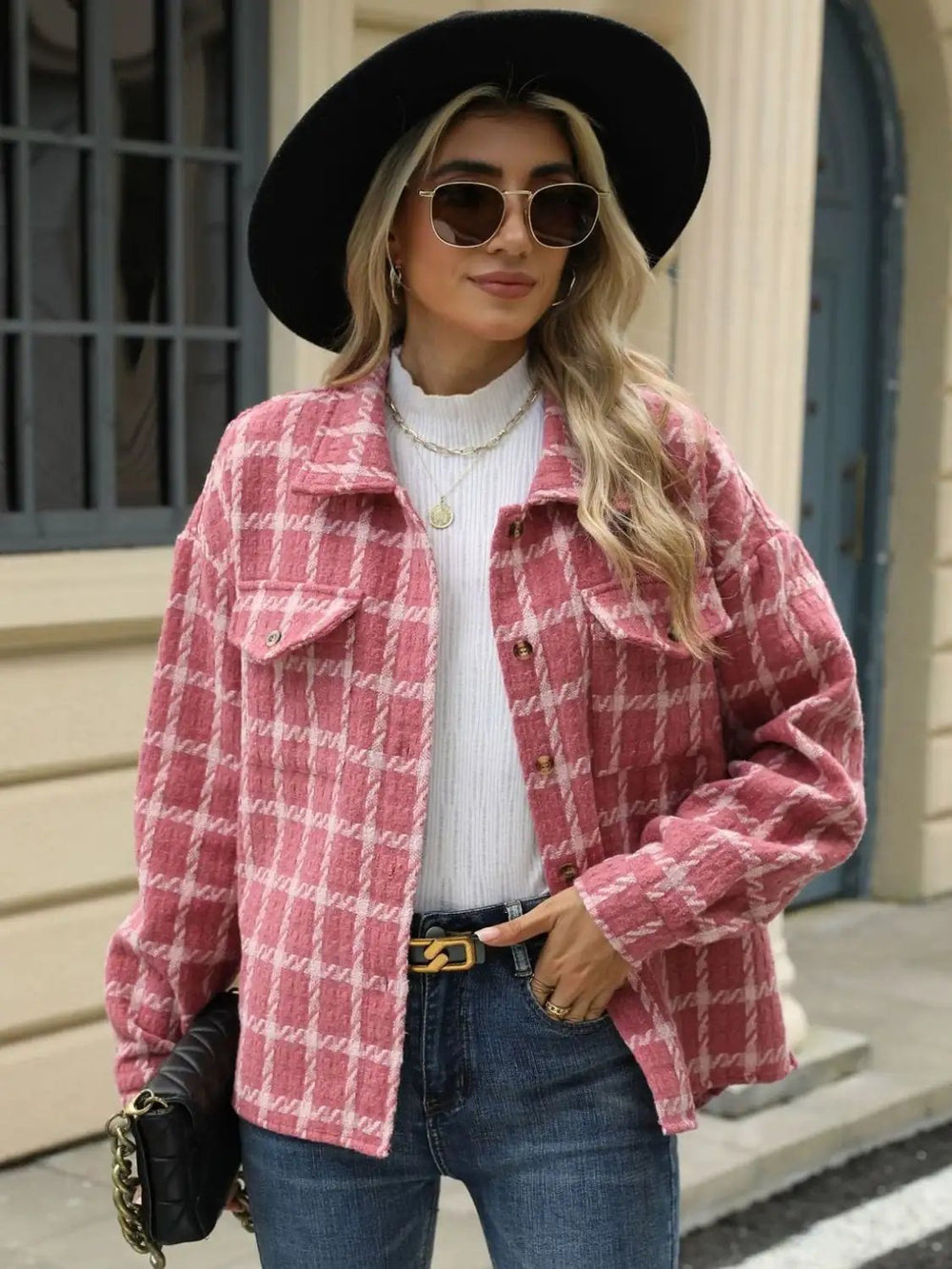 Plaid Collared Neck Long Sleeve Jacket - Trendsi