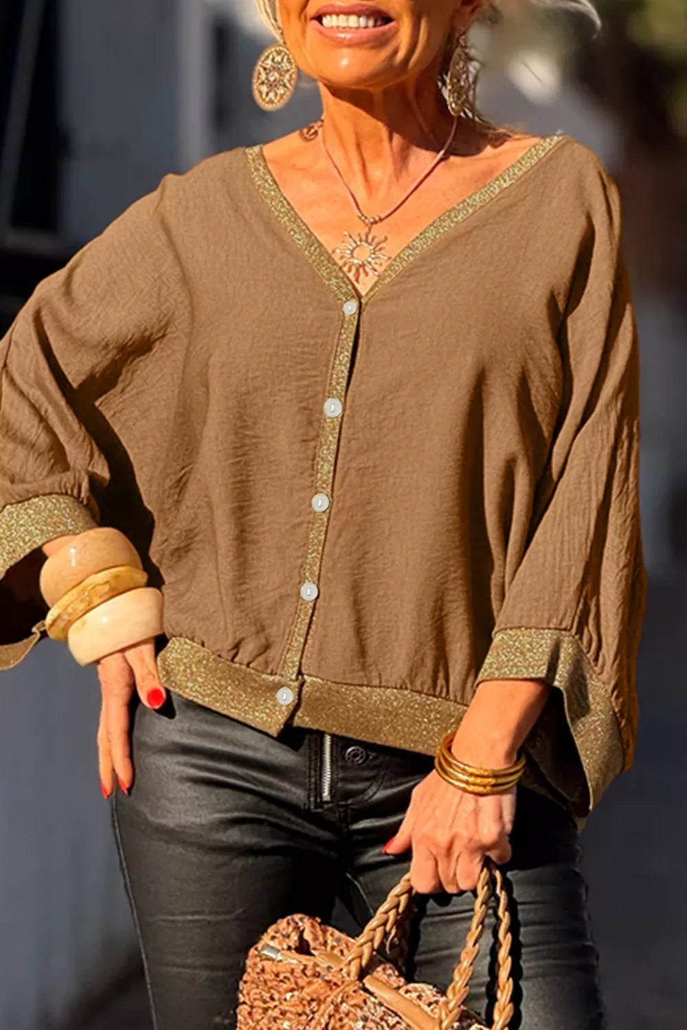 V-Neck Button Up Shirt - Trendsi - Flyclothing LLC