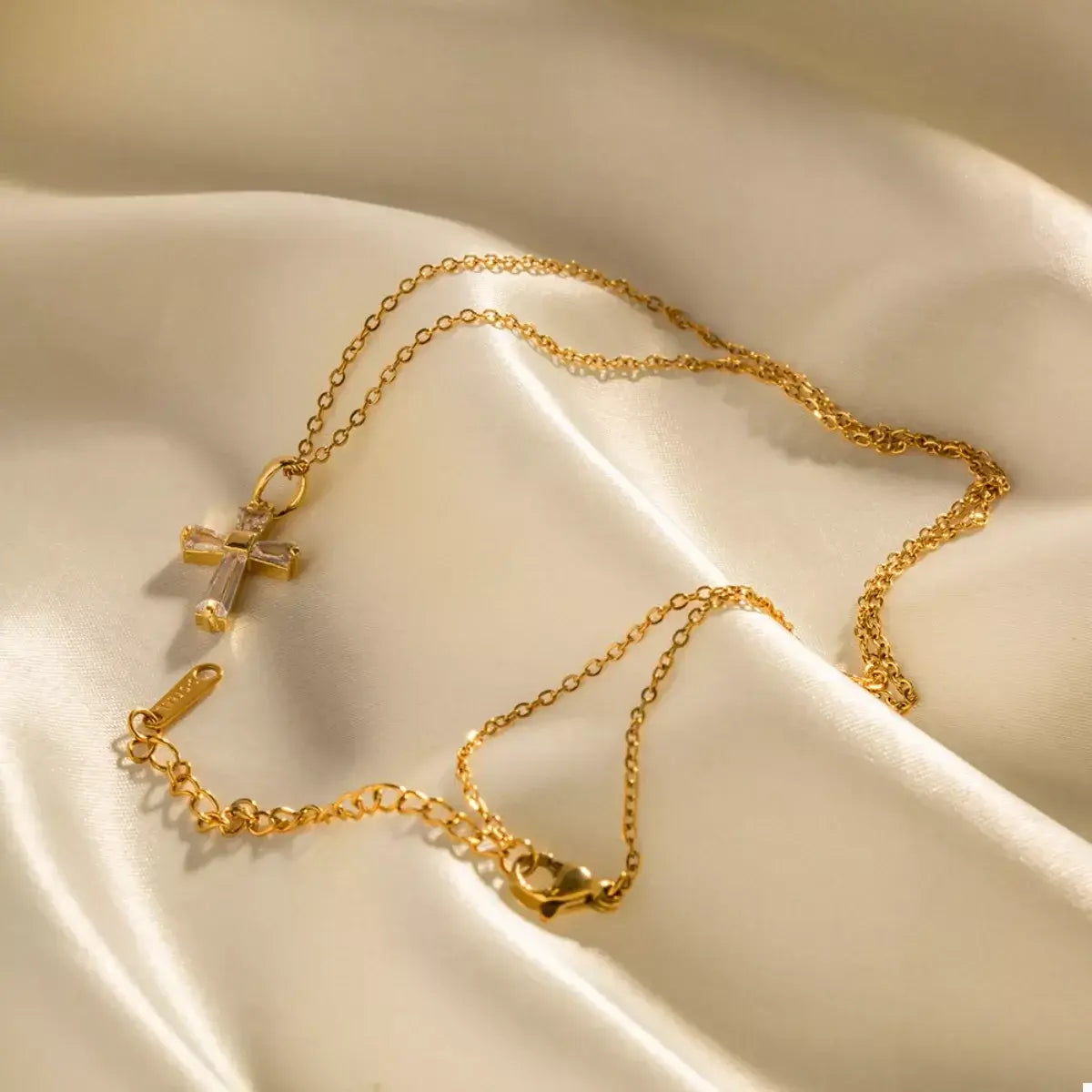 18K Gold-Plated Stainless Steel Zircon Cross Necklace - Trendsi - Flyclothing LLC