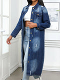 Distressed Button Up Collared Neck Denim Top - Trendsi