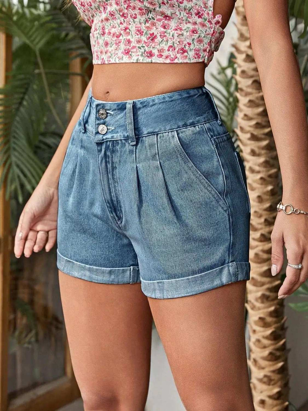Pleated Detail High Rise Denim Shorts - Trendsi - Flyclothing LLC