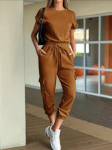 Round Neck Short Sleeve Top and Pants Set - Trendsi - Flyclothing LLC