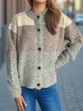 Color Block Round Neck Button Up Cardigan - Trendsi - Flyclothing LLC