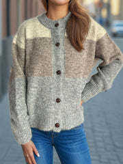 Color Block Round Neck Button Up Cardigan - Trendsi