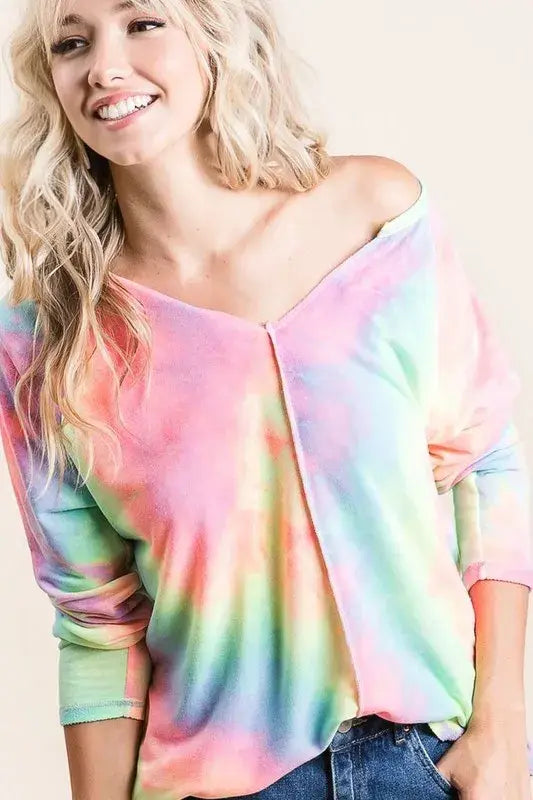 BiBi Long Sleeve Tie-Dye Terry T-Shirt - Trendsi - Flyclothing LLC
