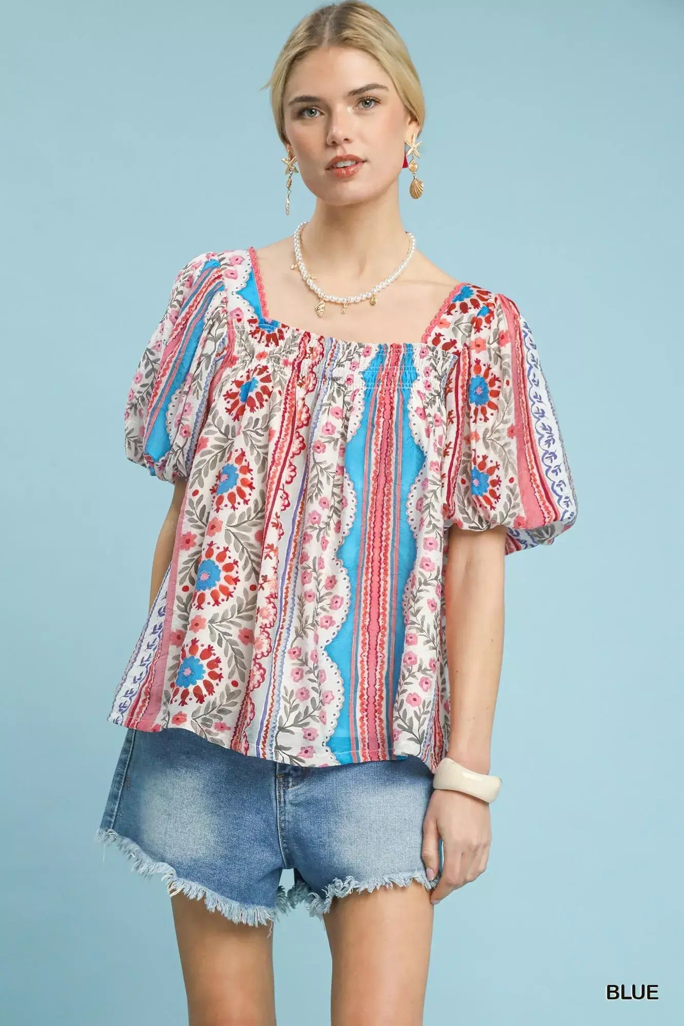 Umgee Patchwork Puff Sleeve Smocked Blouse - Trendsi - Flyclothing LLC