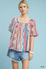 Umgee Patchwork Puff Sleeve Smocked Blouse - Trendsi - Flyclothing LLC