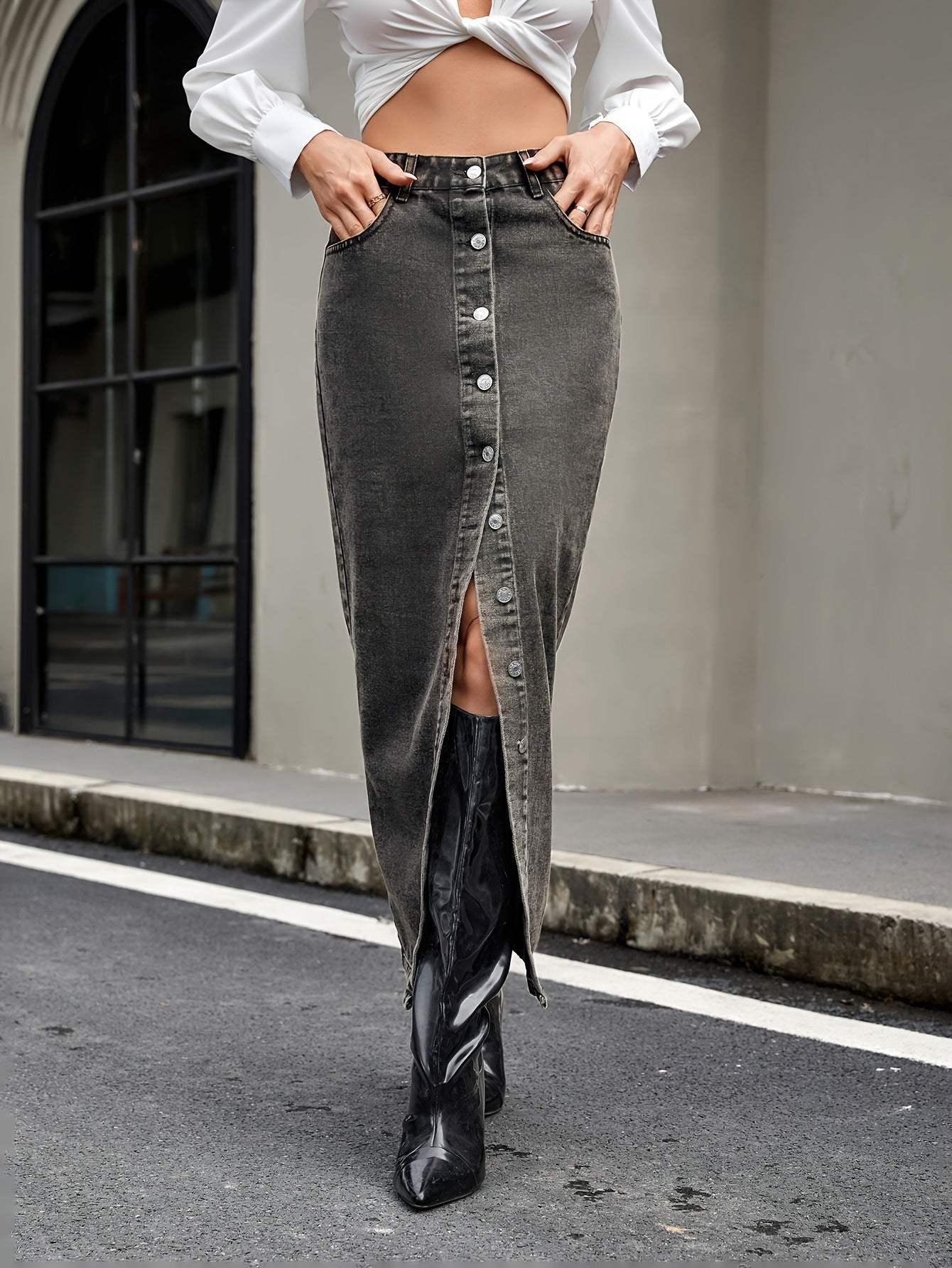 Button Up High Rise Denim Skirt - Trendsi - Flyclothing LLC