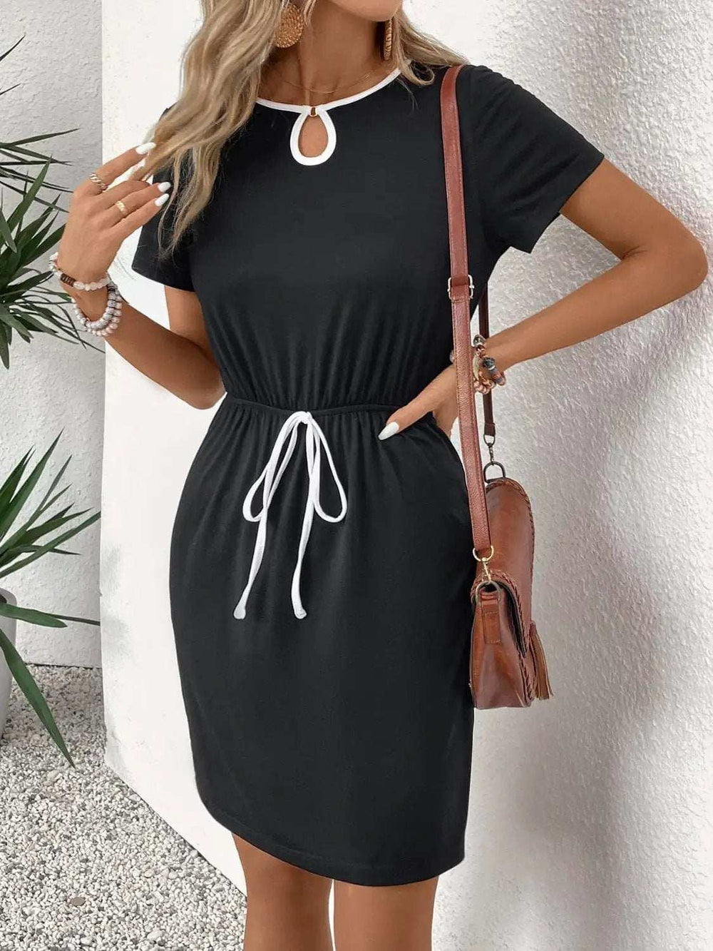 Tied Round Neck Short Sleeve Mini Dress - Trendsi - Flyclothing LLC