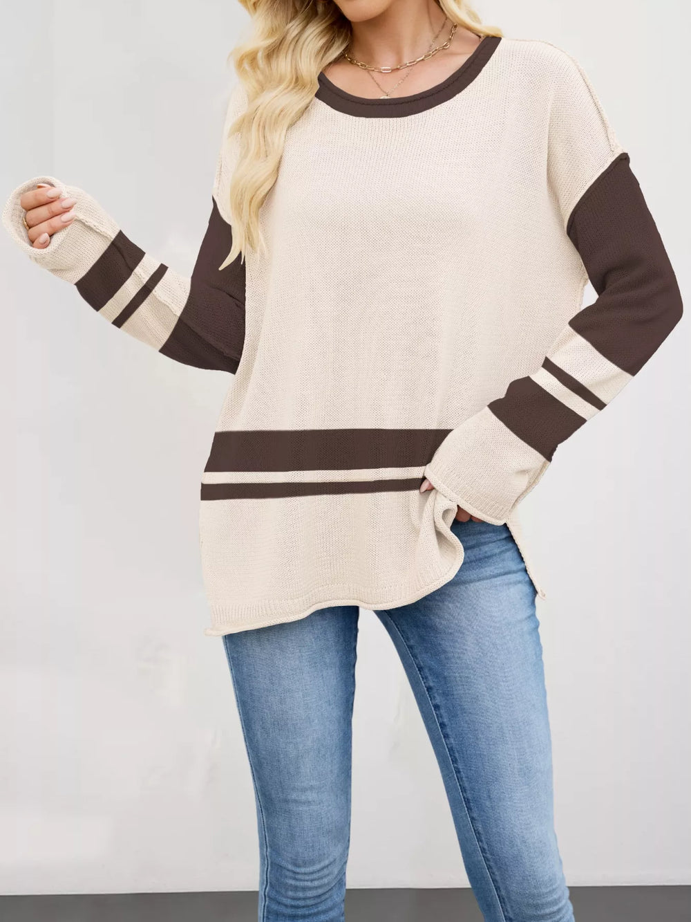 Color Block Side Slit Sweater - Trendsi - Flyclothing LLC