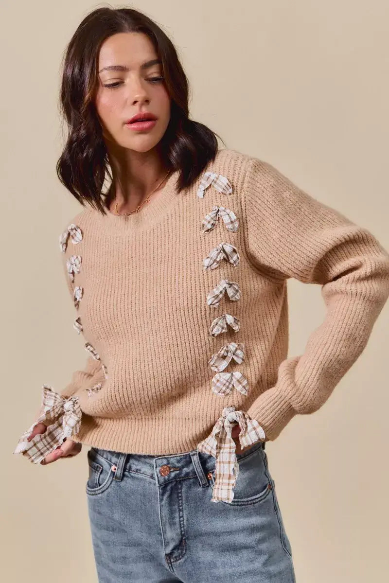SO ME Checkered Plaid Tape Lace Up Ribbed Sweater - Trendsi - Flyclothing LLC