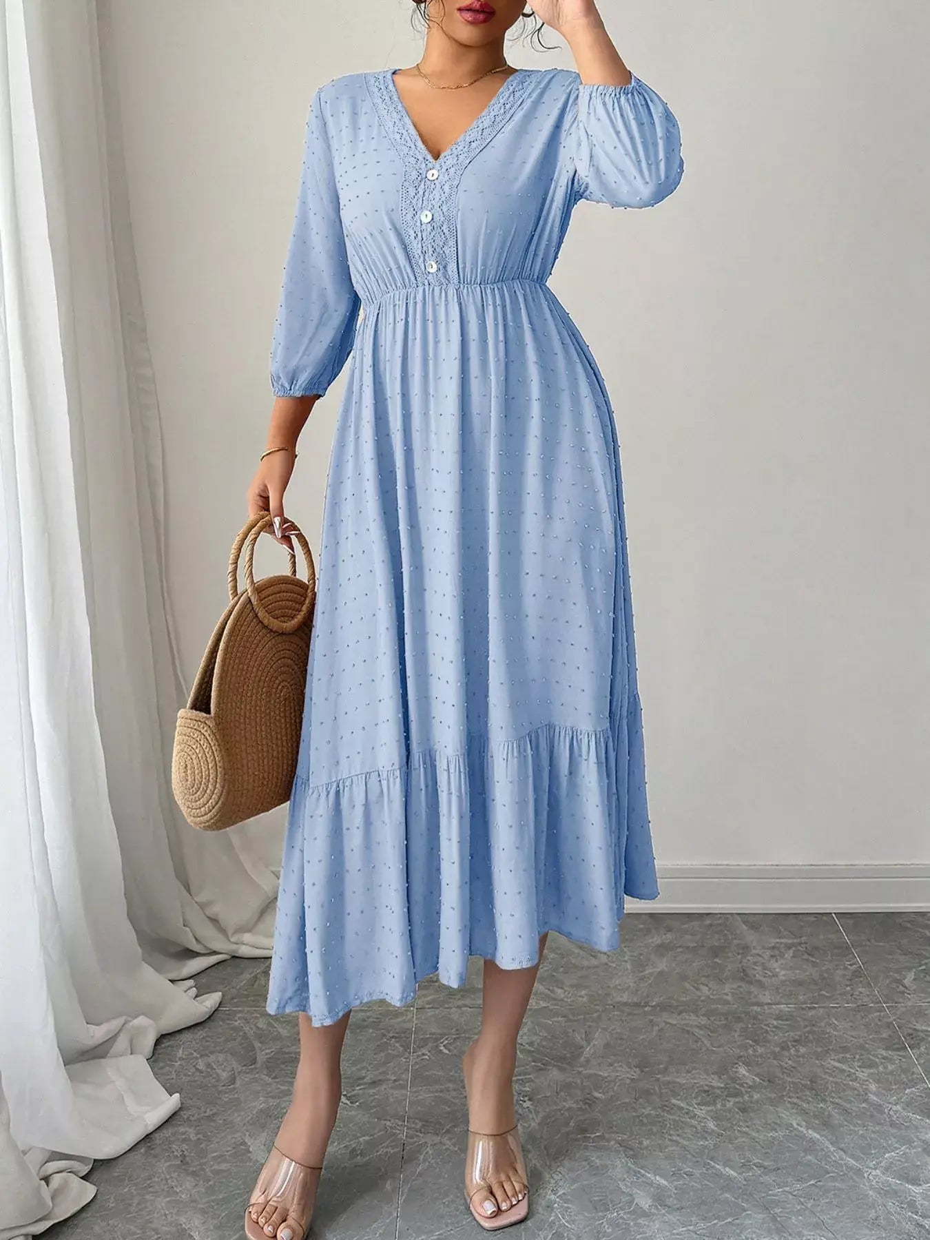 Swiss Dot Ruffle Hem Midi Dress - Trendsi - Flyclothing LLC