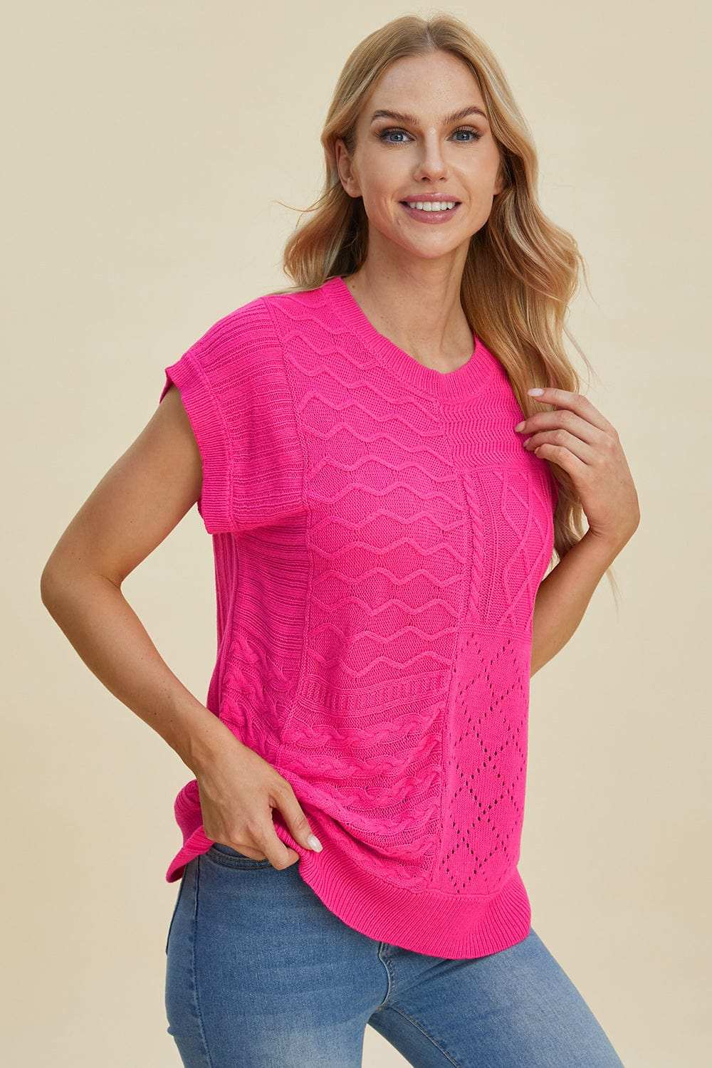 Double Take Full Size Cable-Knit Round Neck Cap Sleeve Sweater - Trendsi - Flyclothing LLC