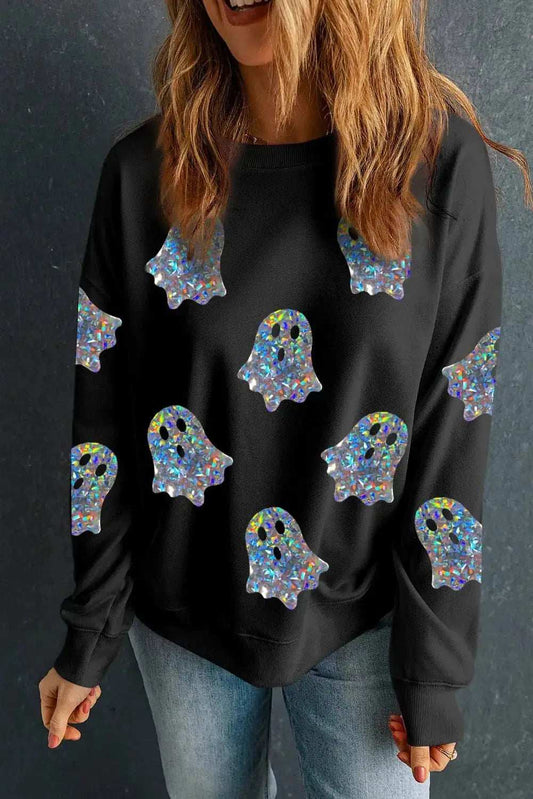 Ghost Round Neck Long Sleeve Sweatshirt - Trendsi - Flyclothing LLC