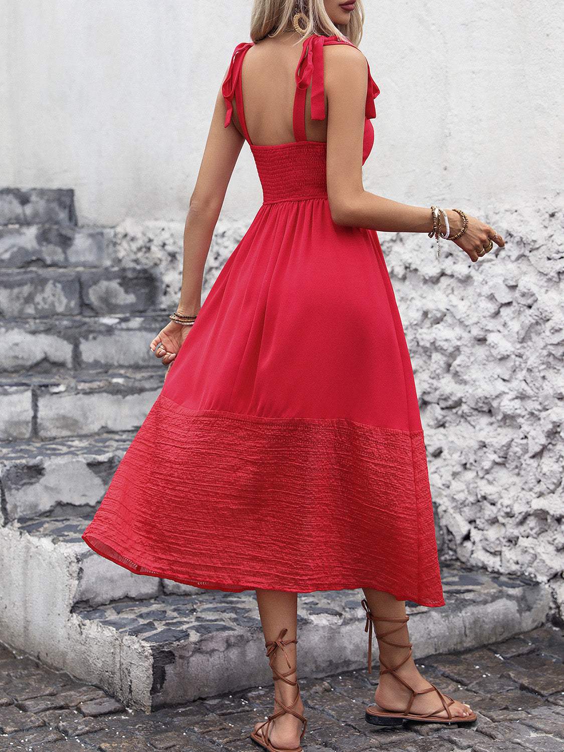Tied Smocked Sleeveless Midi Dress - Trendsi - Flyclothing LLC