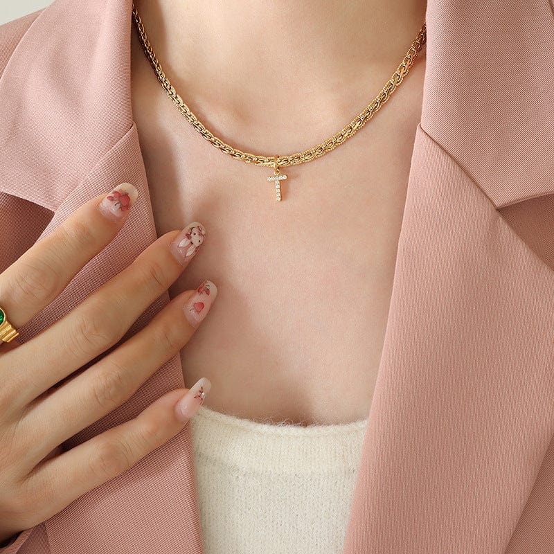 Brass Inlaid Zircon Letter Pendant Necklace - Trendsi