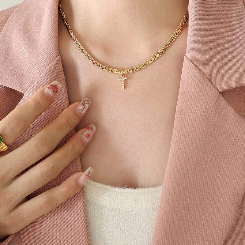 Brass Inlaid Zircon Letter Pendant Necklace - Trendsi - Flyclothing LLC