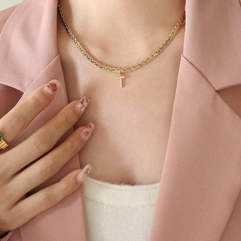 Brass Inlaid Zircon Letter Pendant Necklace - Trendsi - Flyclothing LLC