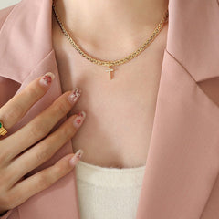 Brass Inlaid Zircon Letter Pendant Necklace - Trendsi