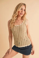 Aemi+Co Distressed Detail Round Neck Knit Tank - Trendsi - Flyclothing LLC
