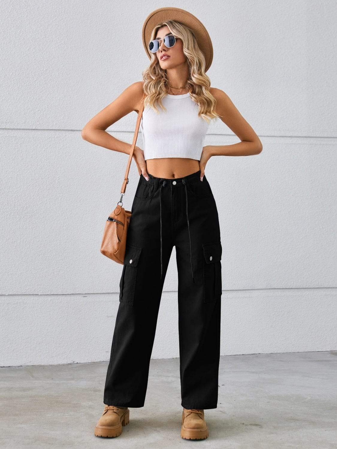 Drawstring Mid-Rise Waist Straight Cargo Jeans - Trendsi - Flyclothing LLC