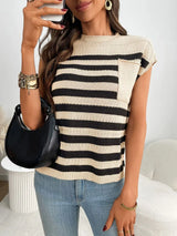 Striped Mock Neck Cap Sleeve Knit Top - Trendsi - Flyclothing LLC