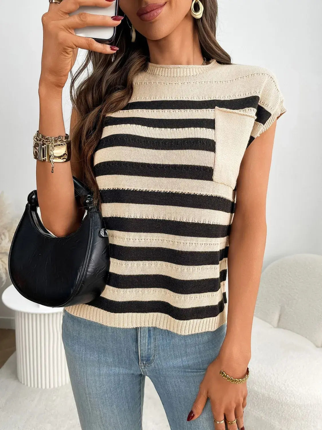 Striped Mock Neck Cap Sleeve Knit Top - Trendsi - Flyclothing LLC