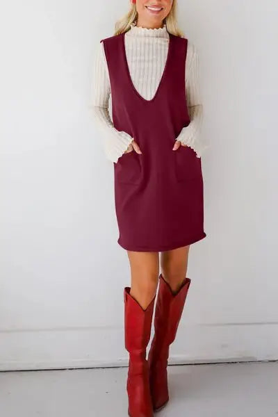 Lovelet Pocketed V-Neck Mini Sweater Overall Dress - Trendsi - Flyclothing LLC