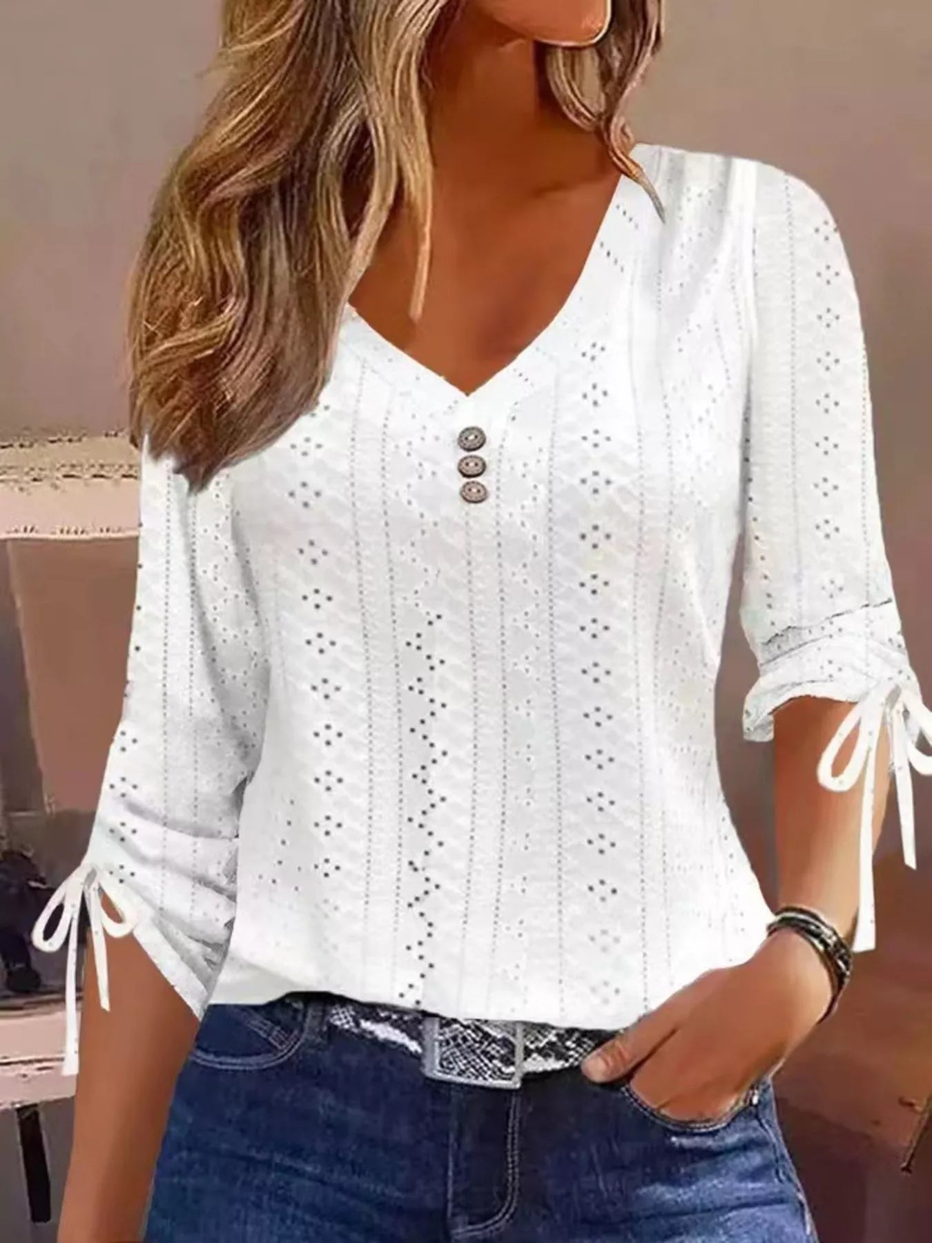 Full Size V-Neck Eyelet Drawstring Sleeve Top Plus Size - Trendsi - Flyclothing LLC