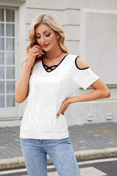 Sequin Crisscross V-Neck Cold Shoulder Blouse - Trendsi - Flyclothing LLC
