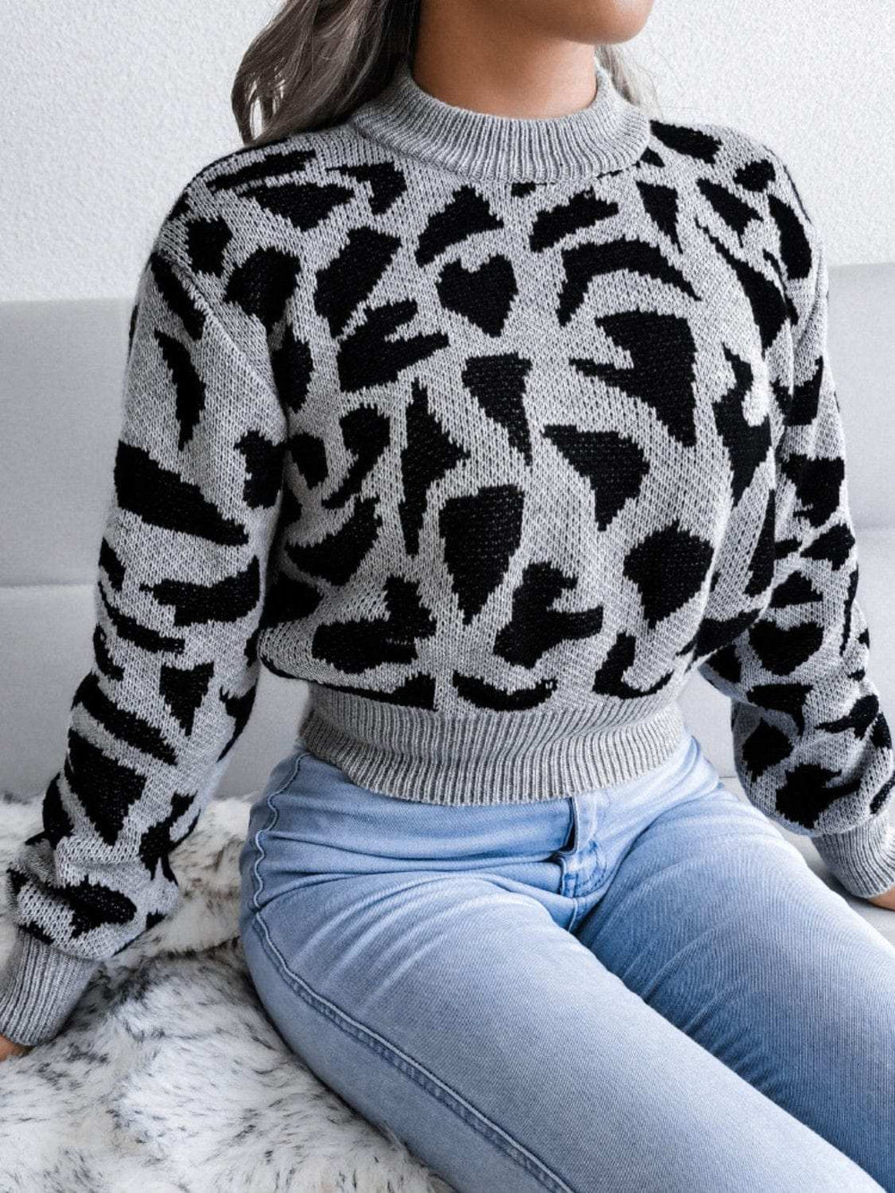 Leopard Round Neck Dropped Shoulder Sweater - Trendsi - Flyclothing LLC