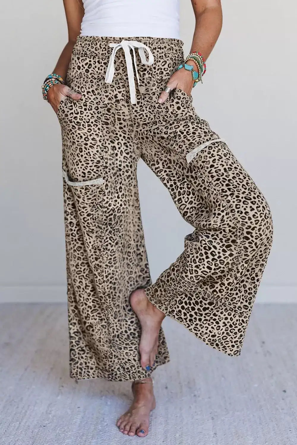 Leopard Print Wide-Leg Pants with Drawstring - Trendsi - Flyclothing LLC