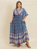 Plus Size Printed Surplice Half Sleeve Dress - Trendsi