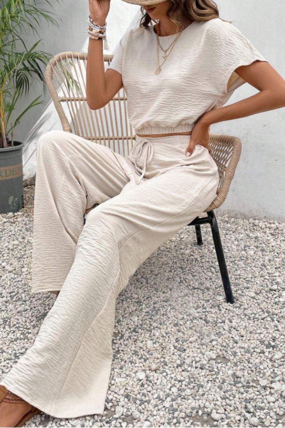 Round Neck Short Sleeve Top and Pants Set - Trendsi - Flyclothing LLC