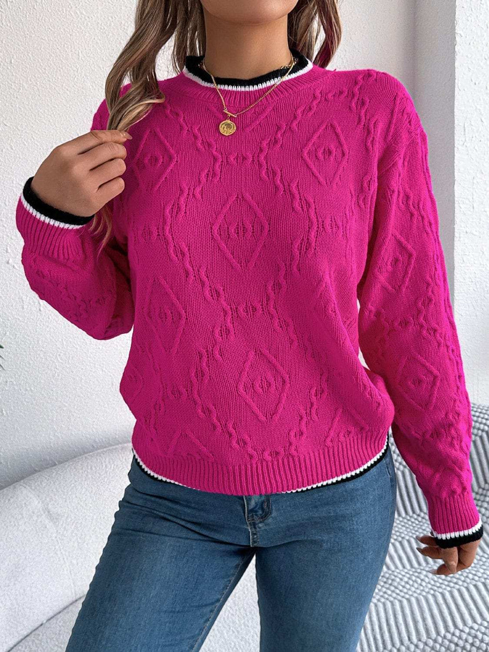 Contrast Trim Round Neck Long Sleeve Sweater - Trendsi - Flyclothing LLC