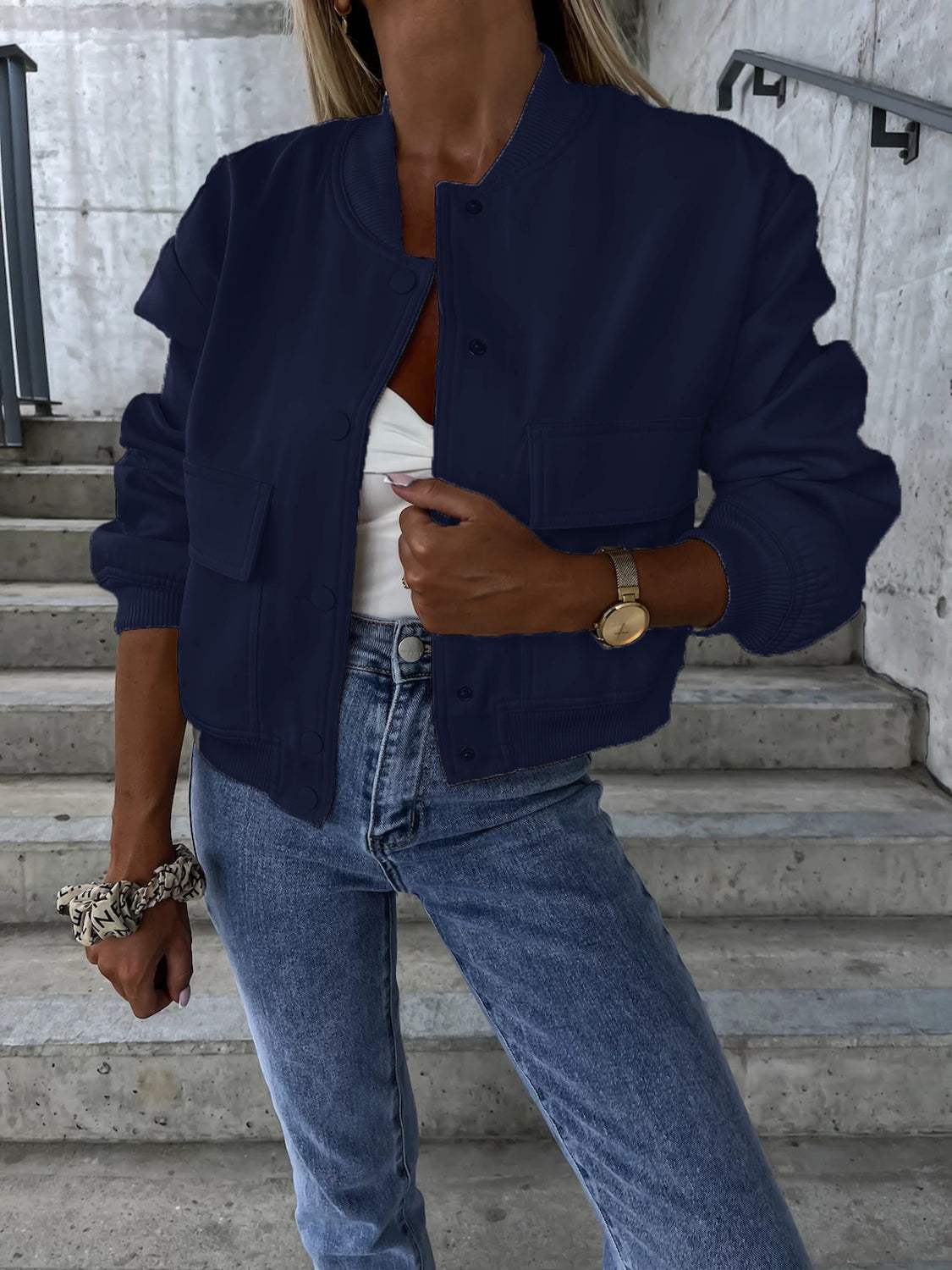 Baseball Collar Dropped Shoulder Jacket - Trendsi - Flyclothing LLC