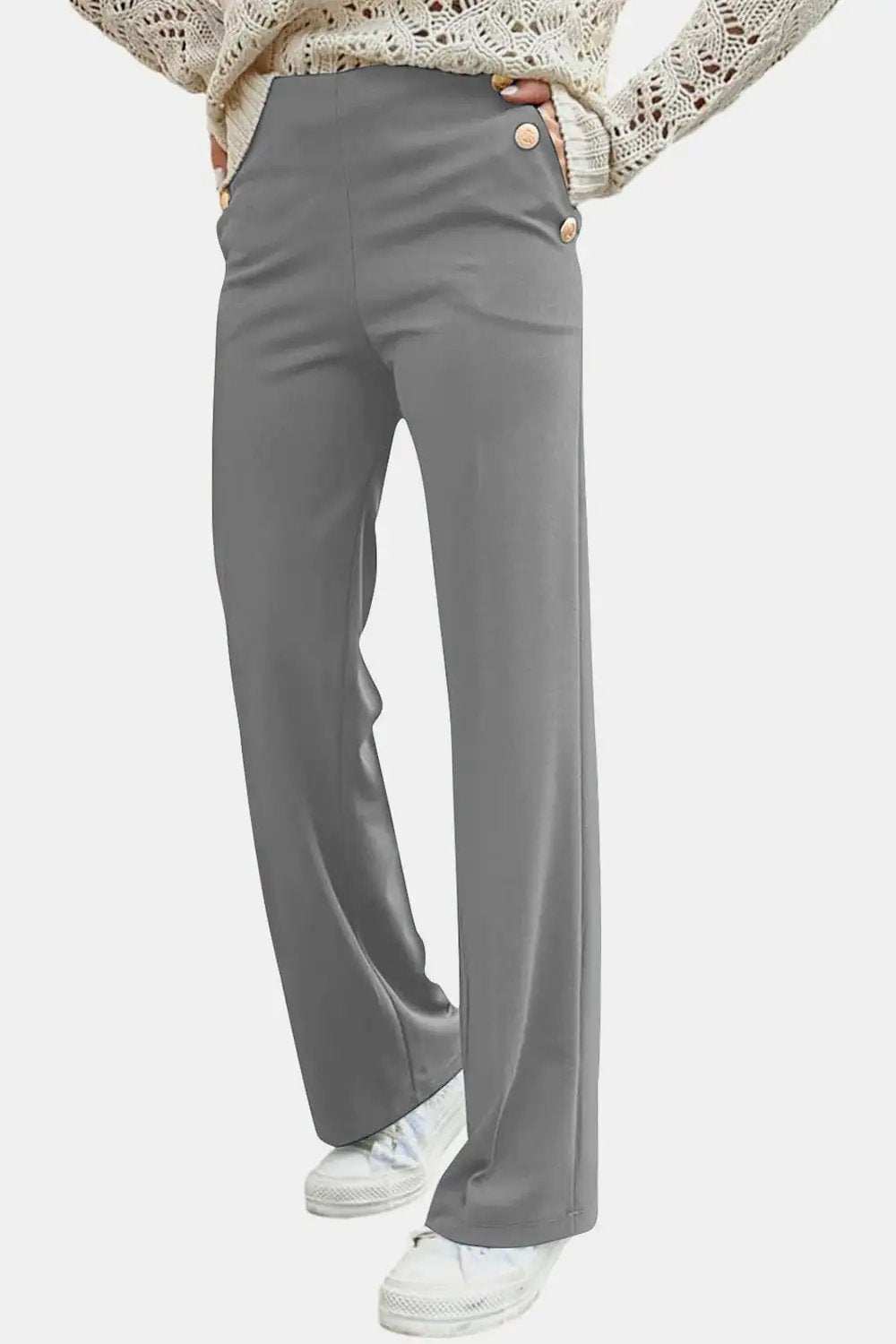 Decorative Button High Rise Pants - Trendsi - Flyclothing LLC