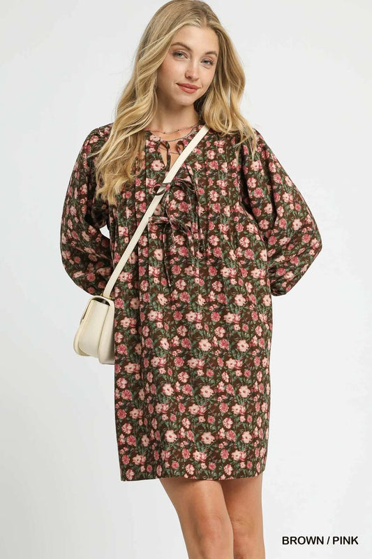 Umgee Floral Tie-Neck Babydoll Dress - Trendsi - Flyclothing LLC