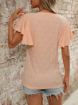 Eyelet Round Neck Flutter Sleeve Top - Trendsi - Flyclothing LLC