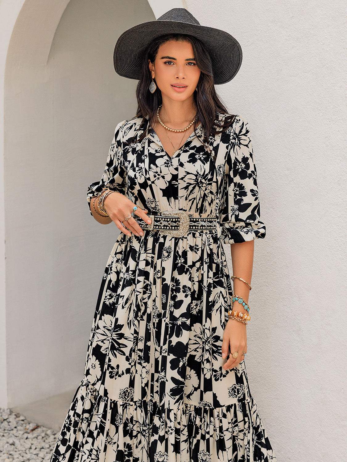 Smocked Printed Tie Neck Long Sleeve Dress - Trendsi - Flyclothing LLC