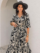 Smocked Printed Tie Neck Long Sleeve Dress - Trendsi - Flyclothing LLC