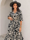 Smocked Printed Tie Neck Long Sleeve Dress - Trendsi - Flyclothing LLC