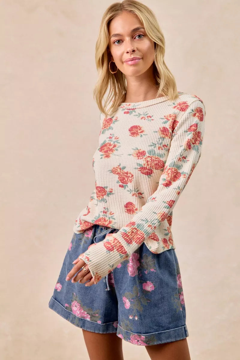 BiBi Floral Print Washed Waffle Thermal Top With Thumb - Trendsi - Flyclothing LLC