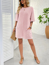 Backless Textured Round Neck Half Sleeve Romper - Trendsi - Flyclothing LLC