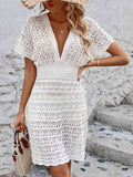 Openwork Plunge Short Sleeve Cover-Up Dress - Trendsi - Flyclothing LLC