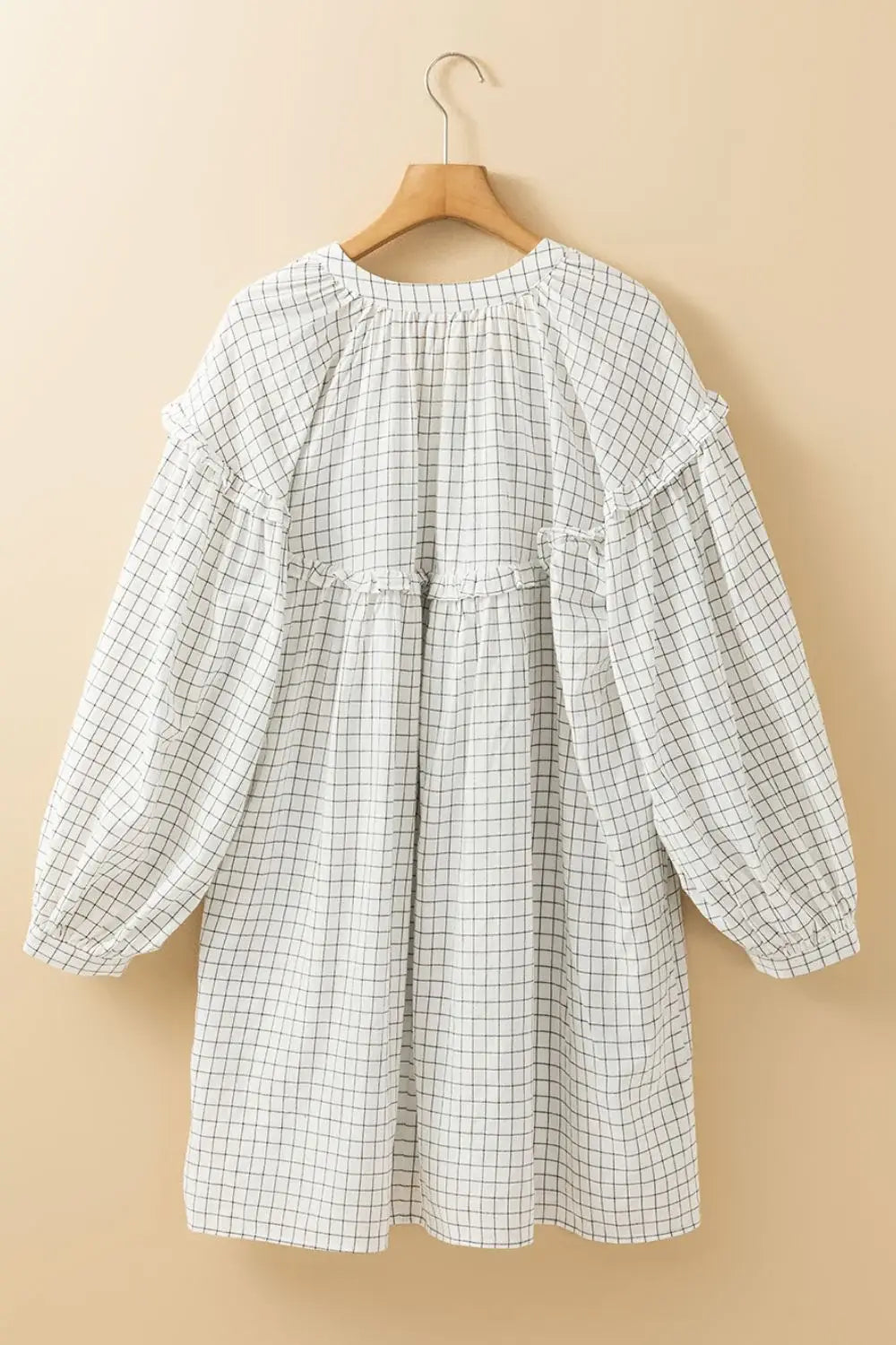 Frill Plaid Notched Balloon Sleeve Mini Dress - Trendsi - Flyclothing LLC