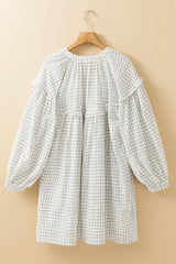 Frill Plaid Notched Balloon Sleeve Mini Dress - Trendsi - Flyclothing LLC