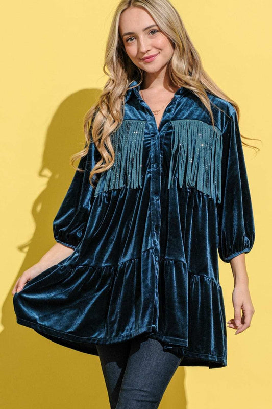 And The Why Fringe Detailed Velvet Shirt Dress - Trendsi - Flyclothing LLC