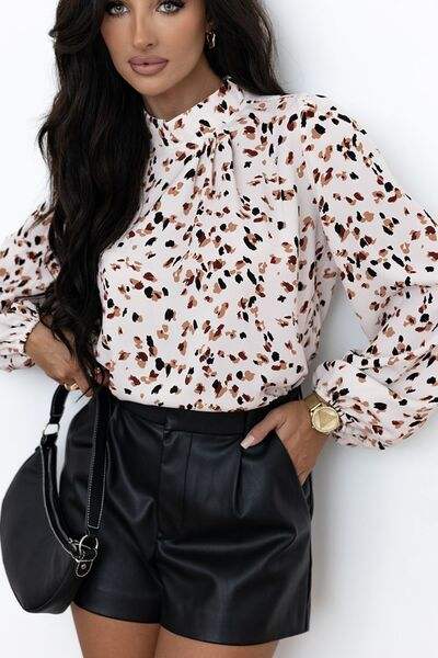 Printed Mock Neck Balloon Sleeve Blouse - Trendsi - Flyclothing LLC