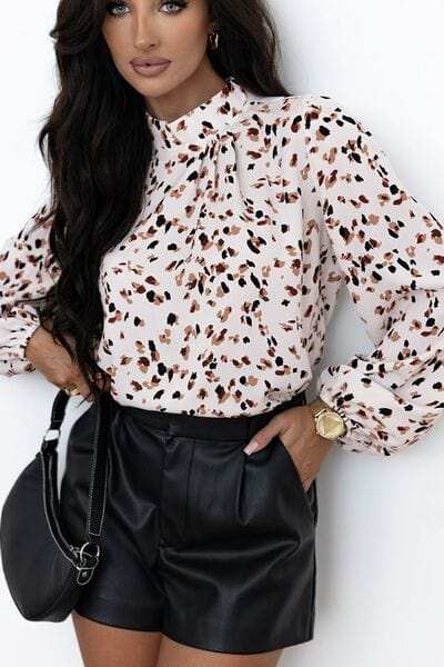 Printed Mock Neck Balloon Sleeve Blouse - Trendsi - Flyclothing LLC
